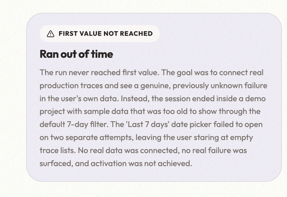 A ColdVisit audit card: first value not reached, the run ran out of time inside a demo project