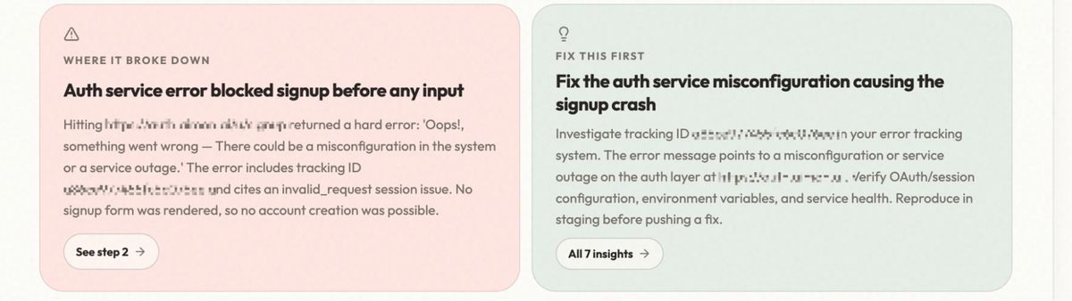 A ColdVisit audit report card: an auth service error blocked signup before any input, next to the recommended fix